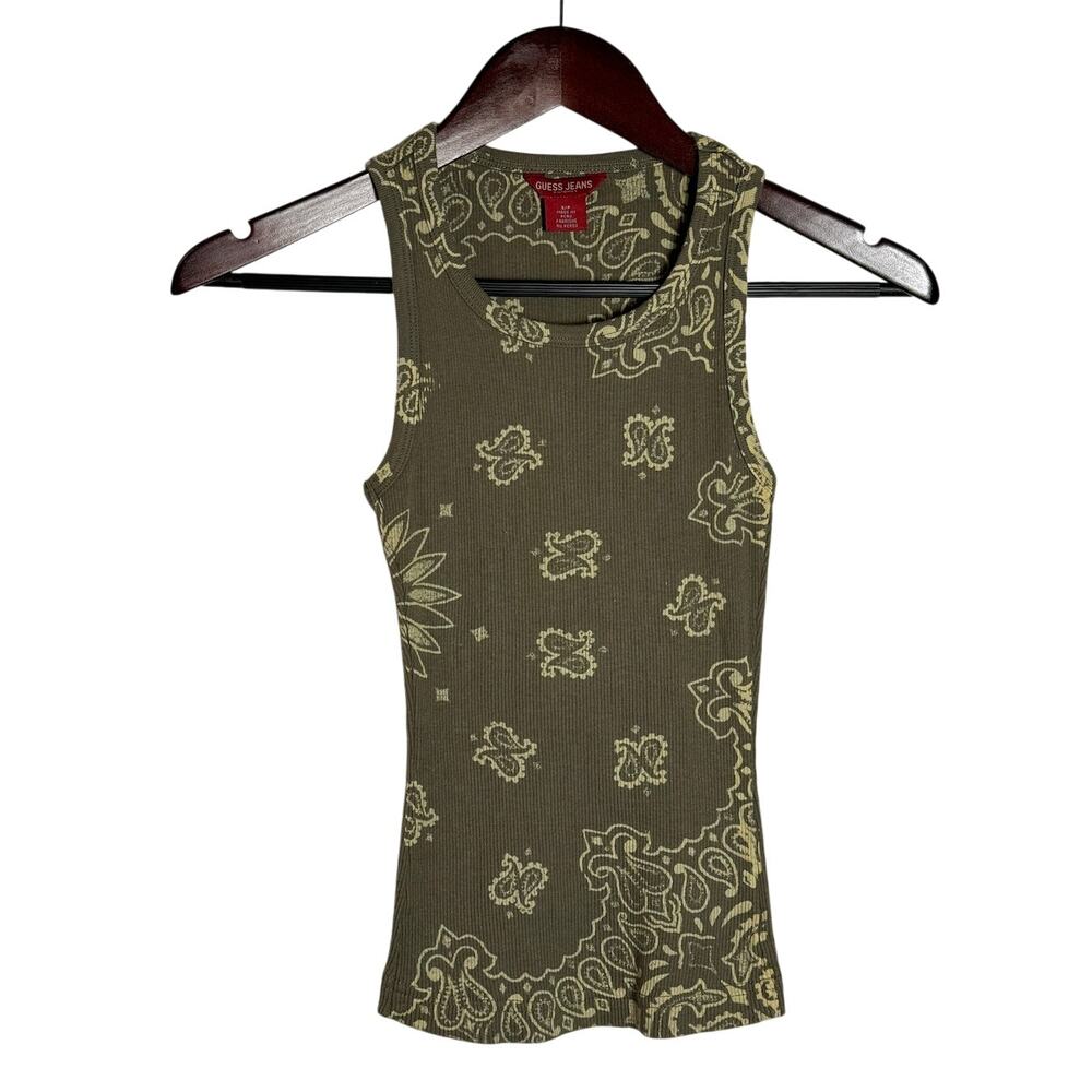 Y2K Vintage Guess Jeans 2000s Green bandana tank Ribbed 100% Cotton